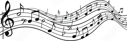 Black and White Wavy Music Notes on Staff Lines Vector Illustration, Featuring Treble and Bass Clef Symbols for Musical Background Design.