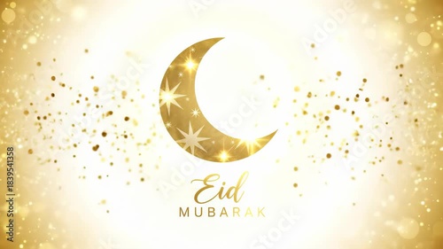 Sparkling golden crescent moon with eid mubarak greeting on radiant background
