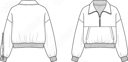 Cropped half-zip pullover sweatshirt fashion flat technical drawing template, oversized long sleeves, ribbed cuffs and hem, front and back view vector.