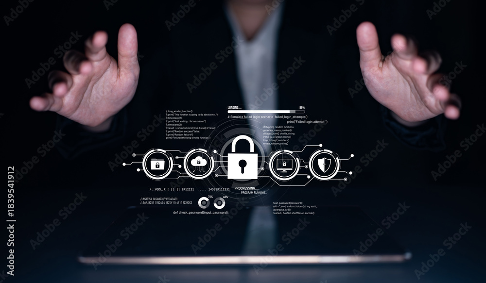 Naklejka premium Cyber security protects against breaches, hacks, and network attacks using strong infrastructure and proactive digital defense strategies. Latch