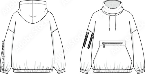 Oversized high-neck pullover jacket fashion flat technical drawing template, funnel collar, exposed zippers, front kangaroo pocket, front and back view vector.