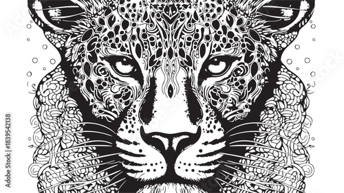Intricate jaguar portrait filled with floral patterns, a detailed monochrome wildlife vector illustration.
