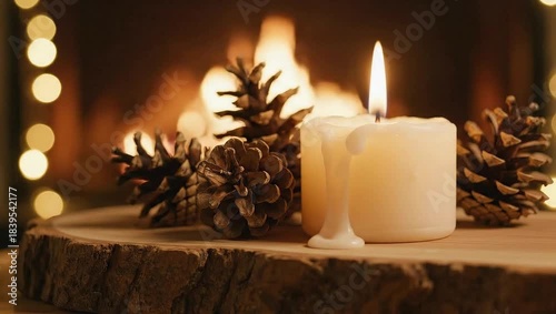Burning candle with pinecones on wood slice by fireplace