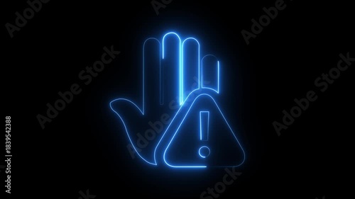 Prohibitory sign Animation with a raised hand with neon tringle icon. Danger warning with hand. prohibited Hand icon.