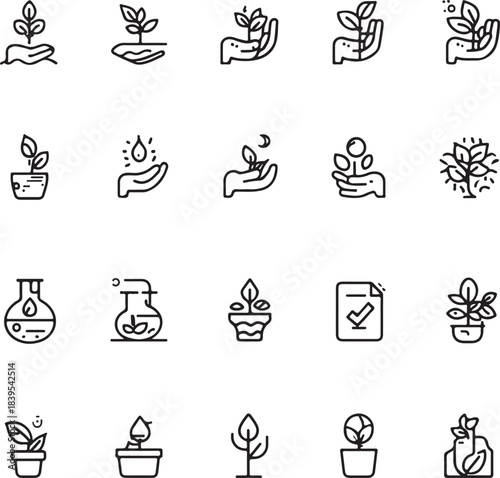 Plant growing line icons set. Spring growth stage, seeds, seedling, drought, soil testing, agriculture vector illustration.
