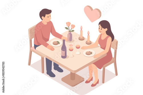 Romantic dinner date in isometric style featuring a couple at a cozy candlelit table