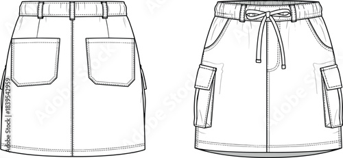 Women's Cargo Mini Skirt Technical Fashion Illustration Flat Sketch Vector Template with Elastic Waistband, Drawstring, and Side Patch Pockets.