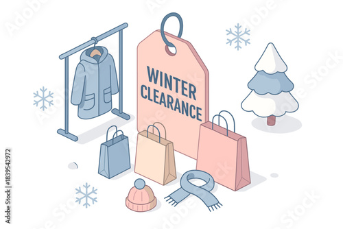 Winter clearance sale tag with shopping bags and winter clothing in isometric design