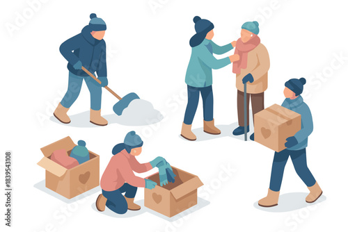 Warm clothing donations and community assistance in winter isometric scene