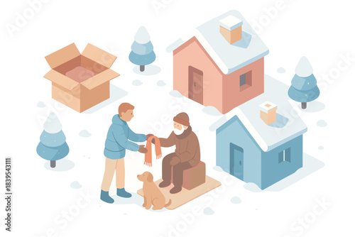 Winter generosity: isometric scene of helping the homeless in a snowy village