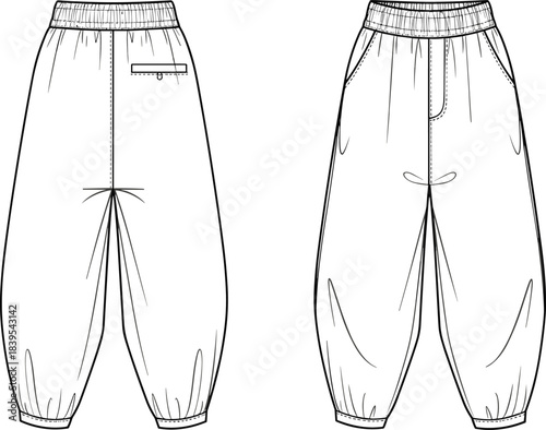Women's Harem Pants Technical Fashion Illustration Flat Sketch Vector Template with Elastic Waistband, Drawcord, and Pockets for Leisure and Yoga Wear.