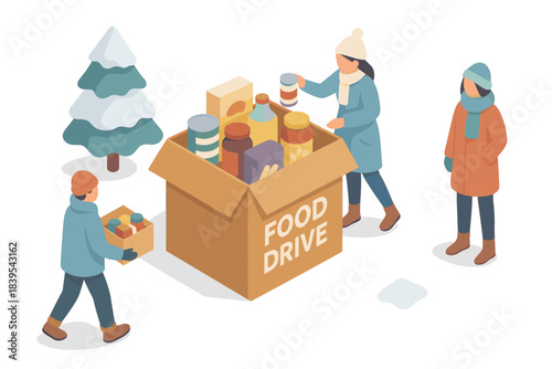 Community food drive during winter season with volunteers collecting and donating items