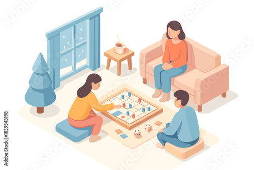 Family quality time, cozy living room scene with board games in winter