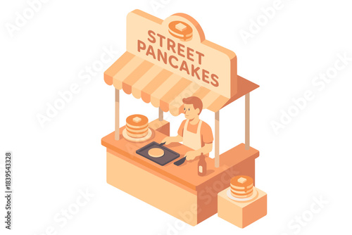 Isometric pancake stall with chef cooking street food under awning