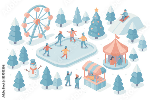 Winter wonderland scene with skating rink, ferris wheel, and christmas tree in snowy isometric landscape