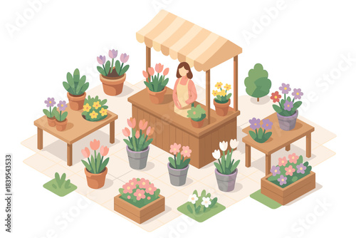Charming isometric flower shop with colorful blooms and potted plants