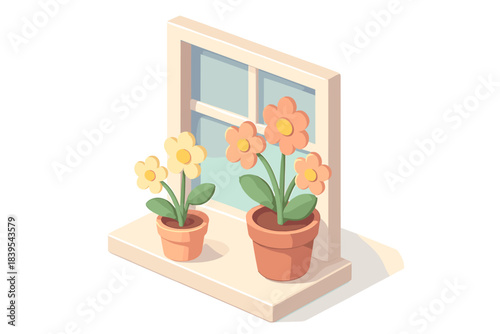 Isometric window scene with colorful flowers in pots on sunny windowsill