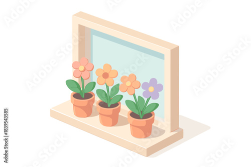 Cute isometric flowers in pots on a windowsill with a minimalist design