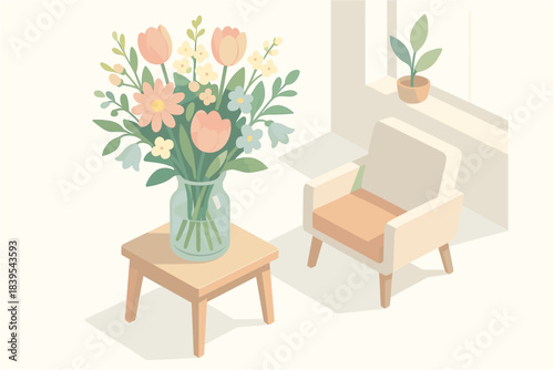 Tranquil room with floral bouquet and modern chair in soft pastel tones