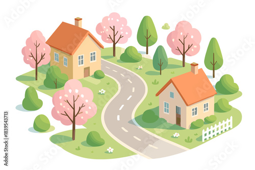 Charming springtime neighborhood scene in isometric style with cozy houses and blossoming trees