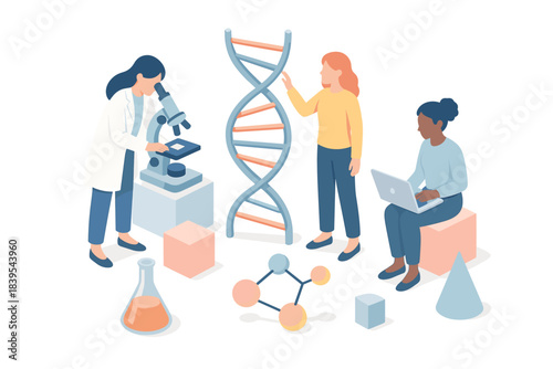 Diverse scientists collaborating on dna research with advanced tools