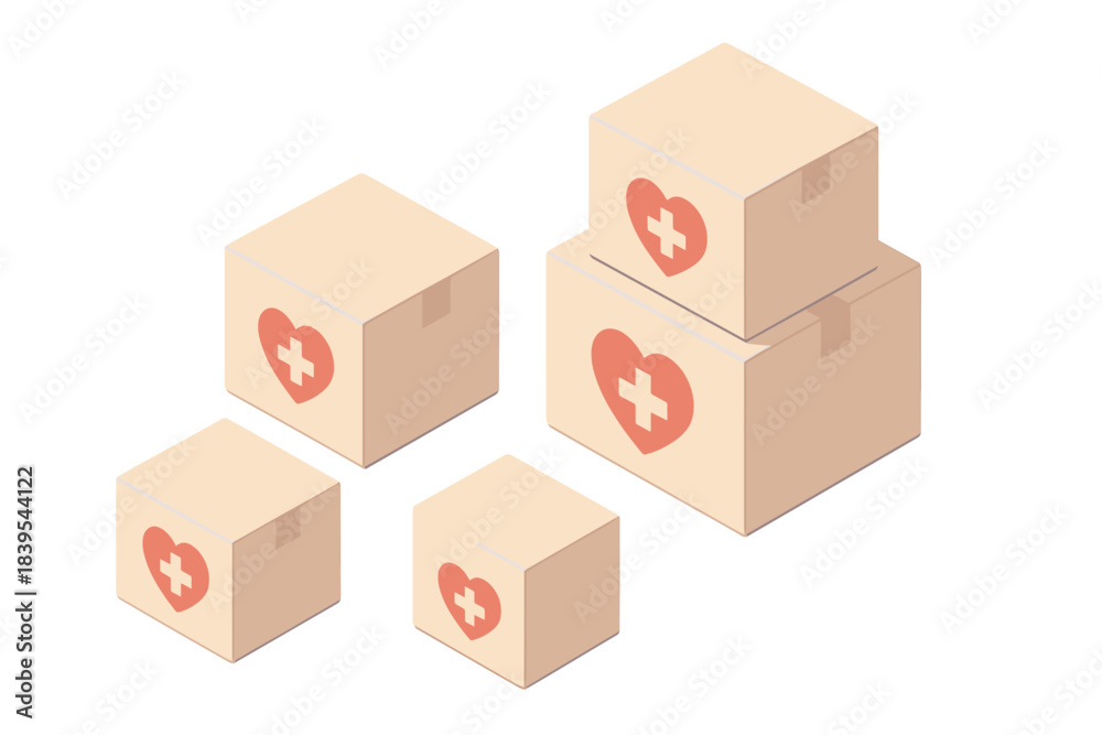 Fototapeta premium Isometric delivery boxes with heart and cross symbol for healthcare and aid
