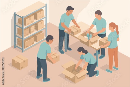 Teamwork in action: volunteers organizing boxes in an isometric workspace