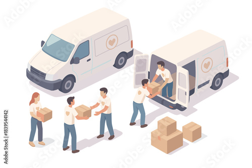 Isometric delivery service scene with couriers handling packages and vans