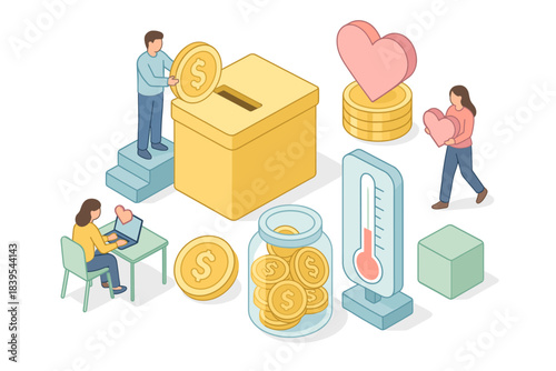 Isometric donation concept with people giving money and hearts