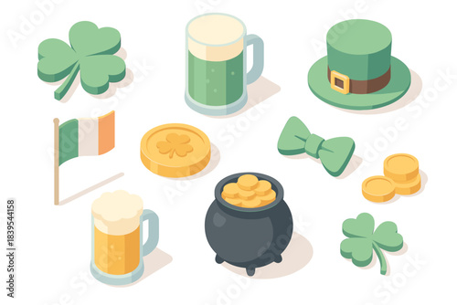 Isometric st. patrick's day icons: beer, clover, leprechaun hat, gold coin, irish flag