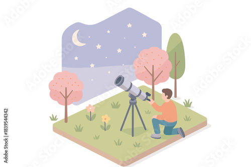 Stargazing with telescope in minimal isometric night scene with trees and flowers