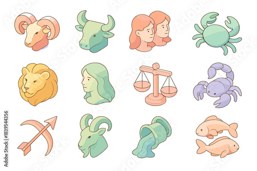 Zodiac signs cartoon style: aries to pisces in pastel colors