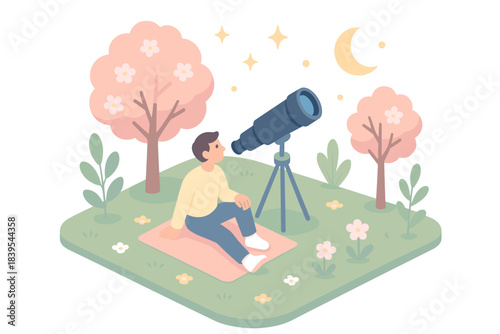 Night sky observation in spring garden with telescope and blossoming trees