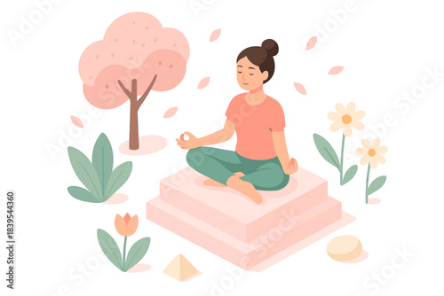 Meditative woman in peaceful nature setting surrounded by trees and flowers