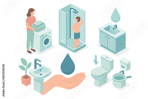 Water conservation: everyday bathroom tips in isometric design