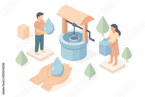 Isometric water conservation concept with people collecting water from well