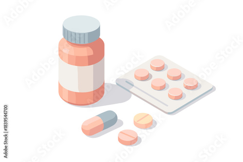 Isometric medicine concept with pill bottle and blister pack on white background
