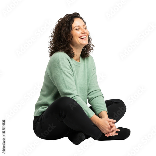 Woman sitting cross legged smiling isolated on transparent background
