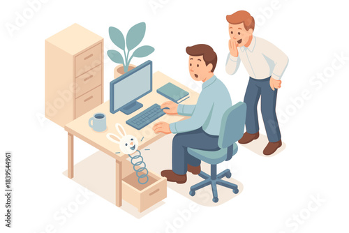 Colleagues startled by desk prank with jump scare toy in office setting