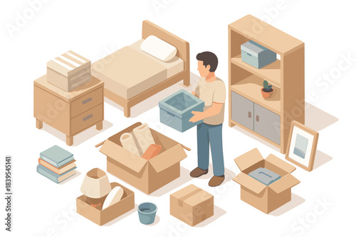 Isometric room with unpacking man amidst moving boxes and bedroom furniture