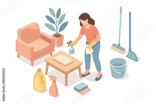 Cleaning lady in modern isometric style with cleaning supplies and cozy interior