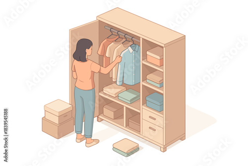 Woman organizing wardrobe in isometric style