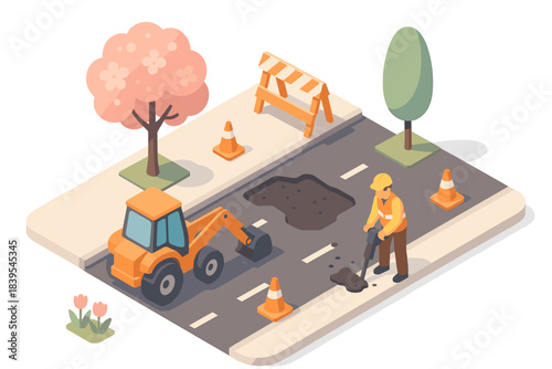 Road repair isometric scene with construction worker and machinery