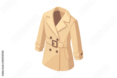 Stylish beige trench coat with belt and buttons on white background