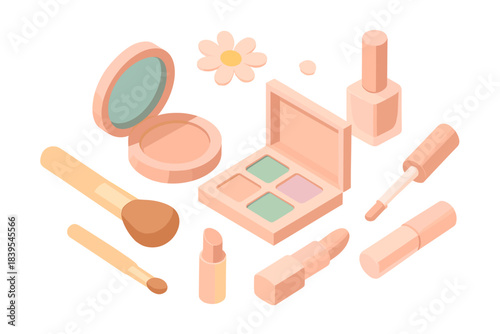 Isometric makeup essentials on white background with cosmetic tools and products