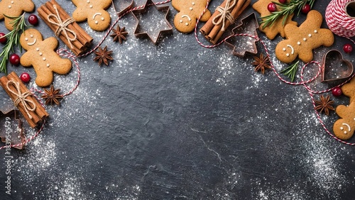 Homemade gingerbread cookies and aromatic Christmas spices create a festive holiday border on a dark slate surface