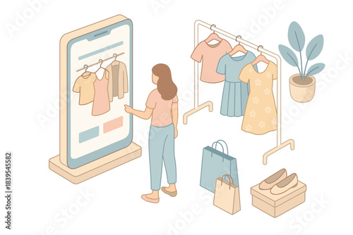 Online clothing shopping concept with isometric design and casual outfits