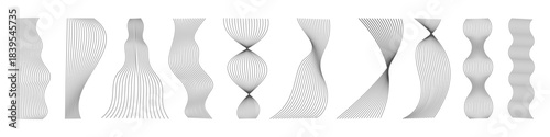 Wavy line design shapes set, abstract twisted curve lines, undulate wave, vertical wavy lines collection, flowing shape isolated