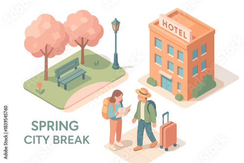 Isometric spring getaway scene with travelers exploring city park and cozy hotel