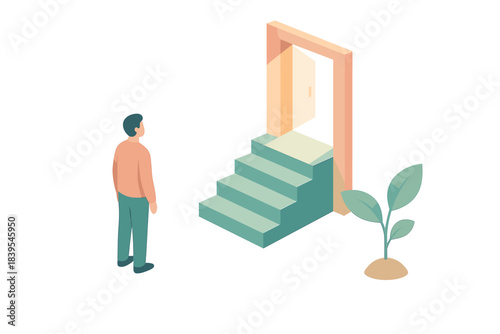 Isometric path: person facing open doorway with stairs and plant